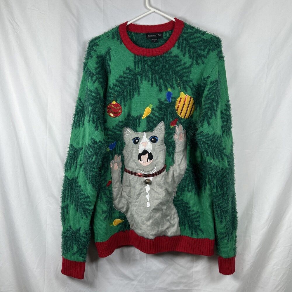 Blizzard Bay Green Cat Christmas Tree Ugly Sweater Unisex Large Sequin Pullover